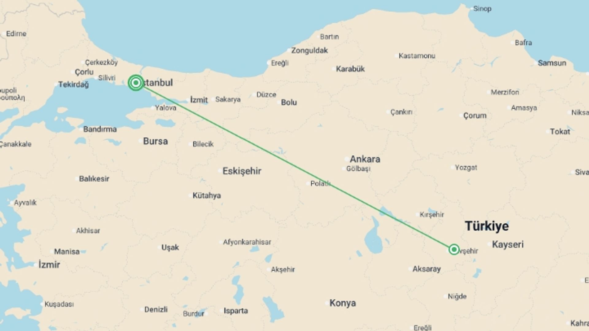 A map showing the tour itinerary for the trip: Istanbul & Cappadocia Adventure 5D/4N, starting in Istanbul, Turkey and ending in Istanbul, Turkey going through 1 other destinations.