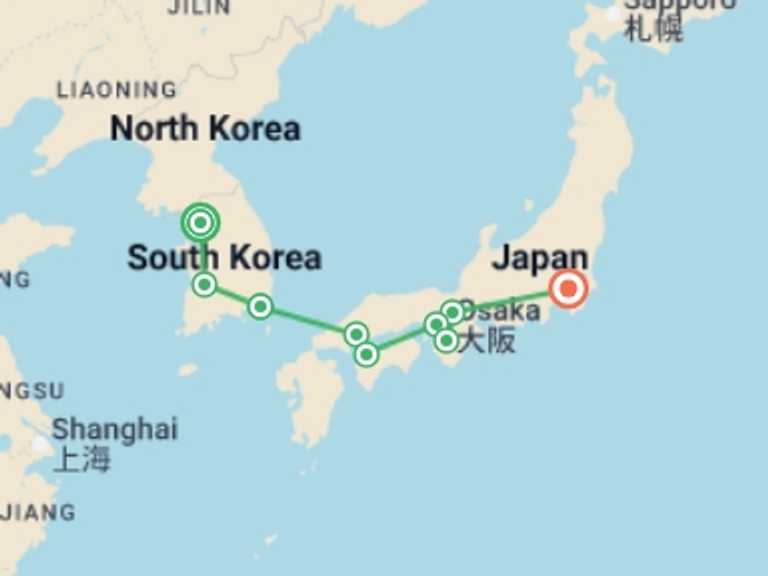 Map of Asia Tour with 9 destination visits for the trip: Classical Korea and Japan End Tokyo