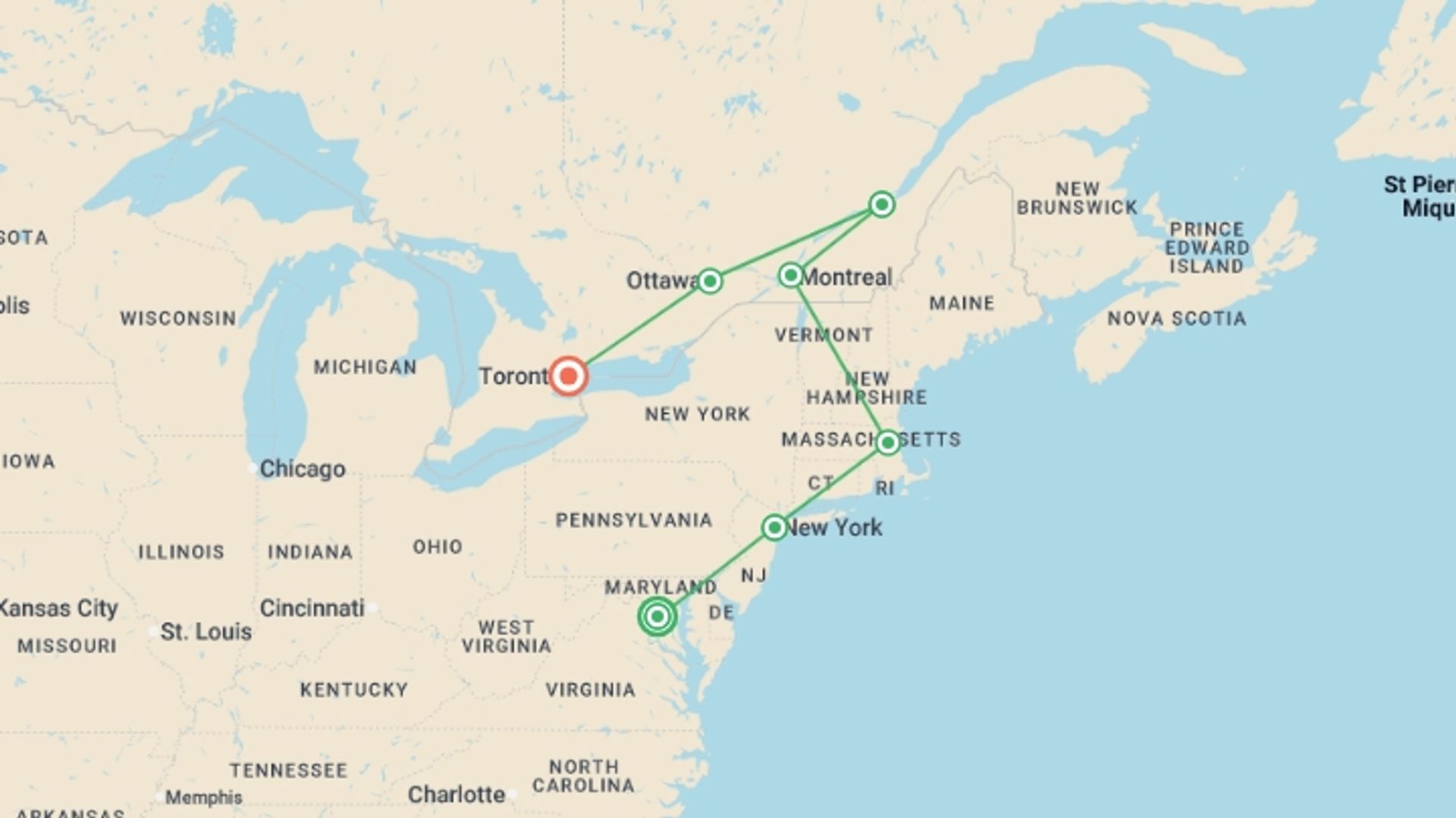 A map showing the tour itinerary for the trip: Touring the East Coast end Toronto, starting in Washington D.C., USA and ending in Toronto, Canada going through 5 other destinations.