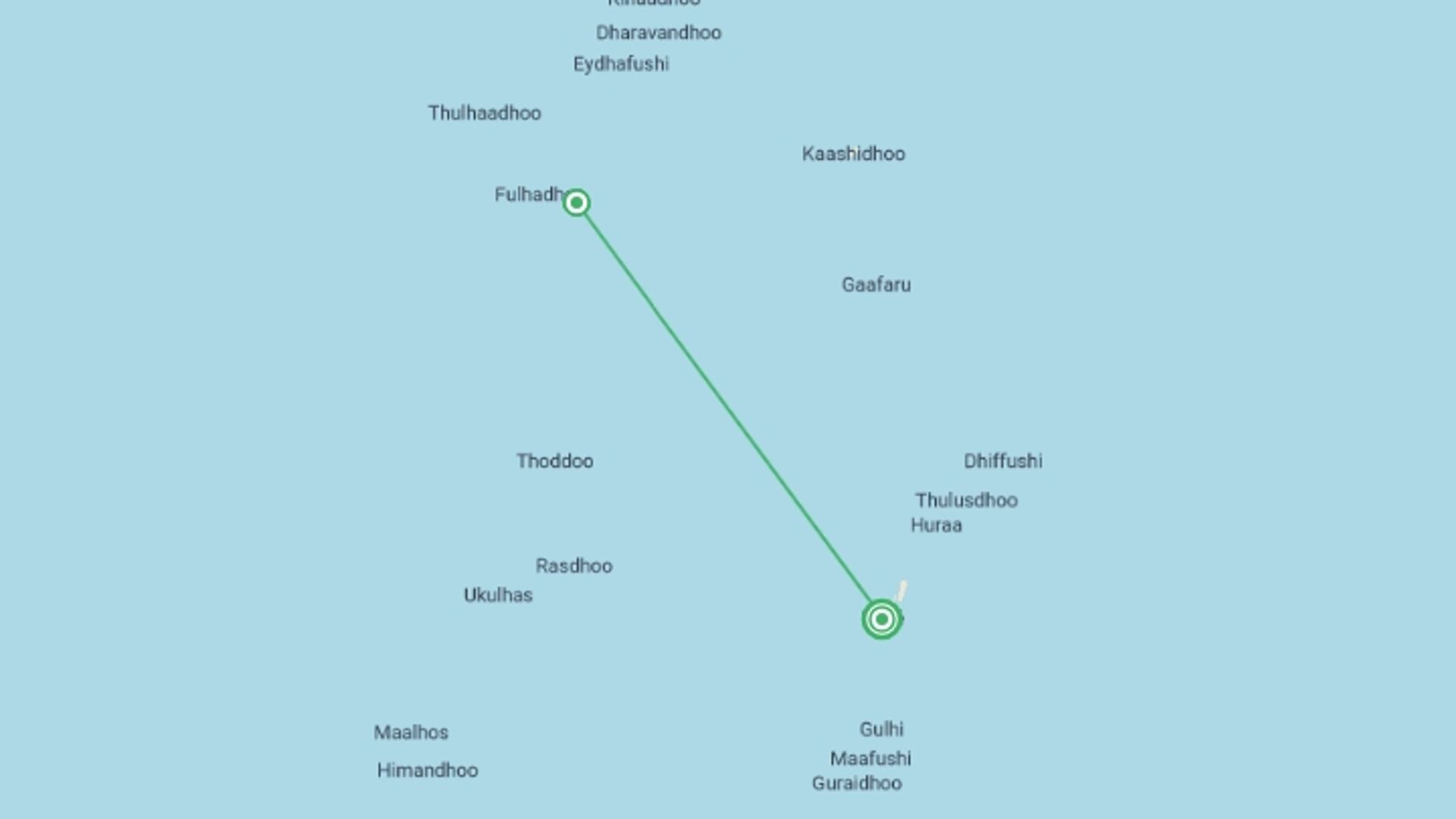 A map showing the tour itinerary for the trip: Secluded Goidhoo From Male - 5 days, starting in Male, Maldives and ending in Male, Maldives going through 1 other destinations.