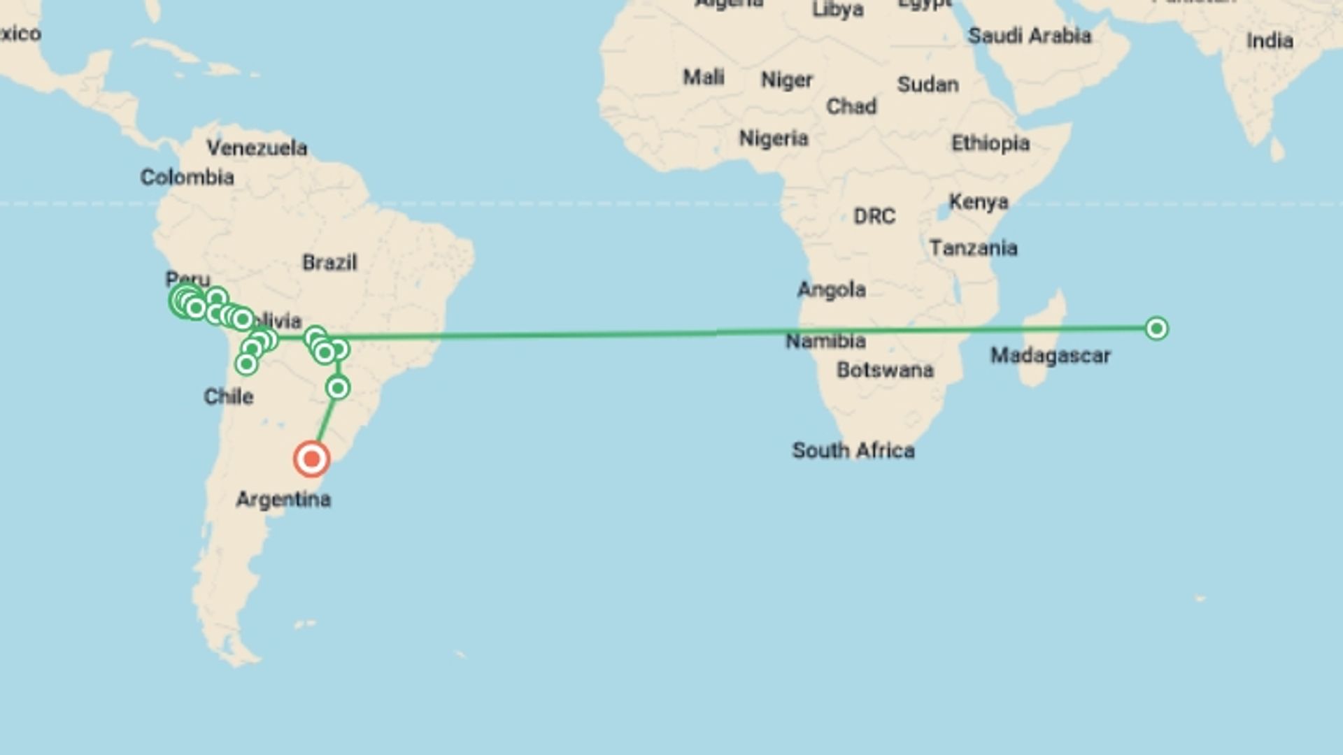 A map showing the tour itinerary for the trip: Lima to Buenos Aires (via Pantanal) Travel Pass, starting in Ballestas Islands and Paracas National Reserve, peru and ending in Buenos Aires, Argentina going through 23 other destinations.