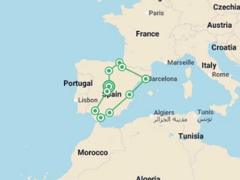Map of 15-Day Europe Tour with 10 destination visits for the trip: Best of Spain