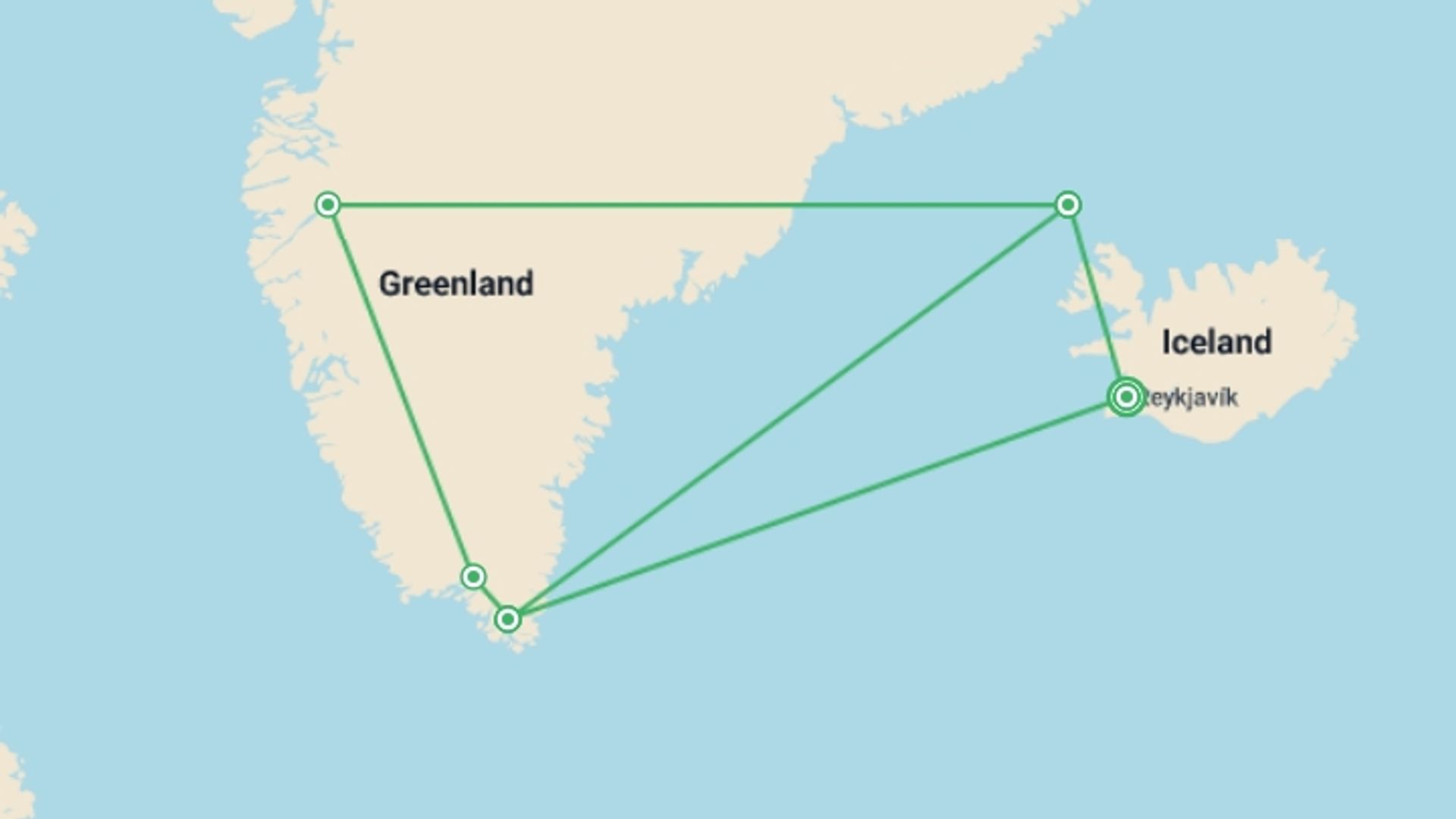 A map showing the tour itinerary for the trip: South Greenland Adventure: The Majestic Alpine Arctic (Ultramarine), starting in Reykjavik, Iceland and ending in Reykjavik, Iceland going through 5 other destinations.