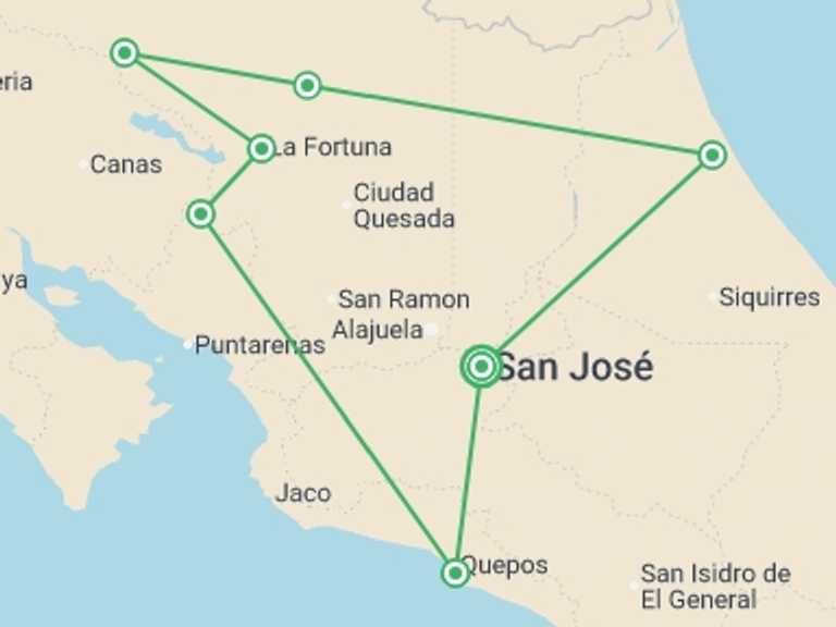 Map itinerary of Costa Rica Tour in March 2026 with 10 destination visits for the trip: Classic Costa Rica