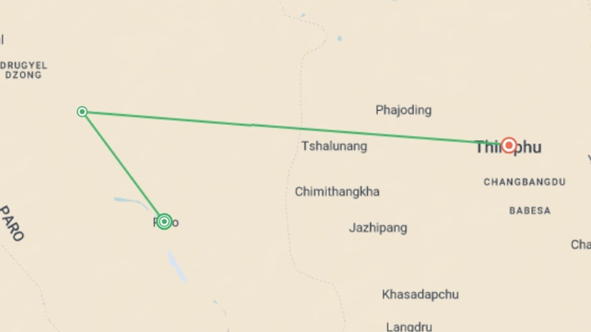 A map showing the tour itinerary for the trip: 4-Day Bhutan Tour: Paro And Thimphu , starting in Paro, Bhutan and ending in Thimphu, Bhutan going through 1 other destinations.