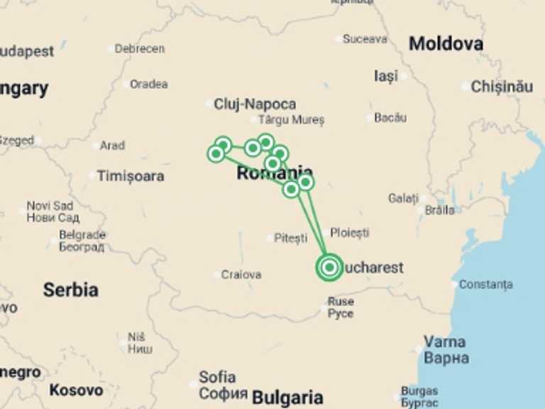 Map itinerary of Balkans Tour in October 2026 with 8 destination visits for the trip: Romania Cycle Explorer