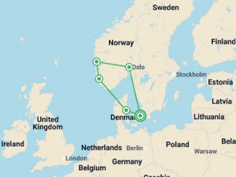 Map of Denmark Tour with 5 destination visits for the trip: Danish Circle