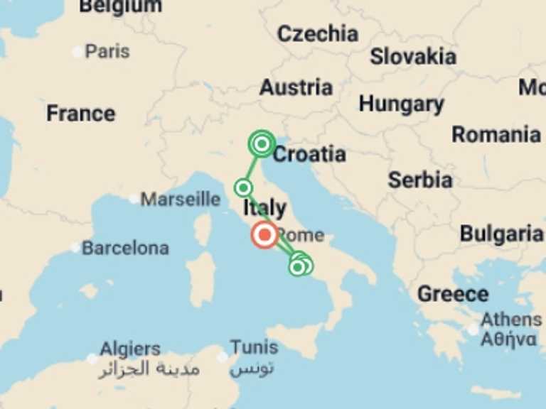 Map itinerary of Italy Tour in Summer with 4 destination visits for the trip: Venice to Florence, Naples & Rome (4 Star) - 11 days