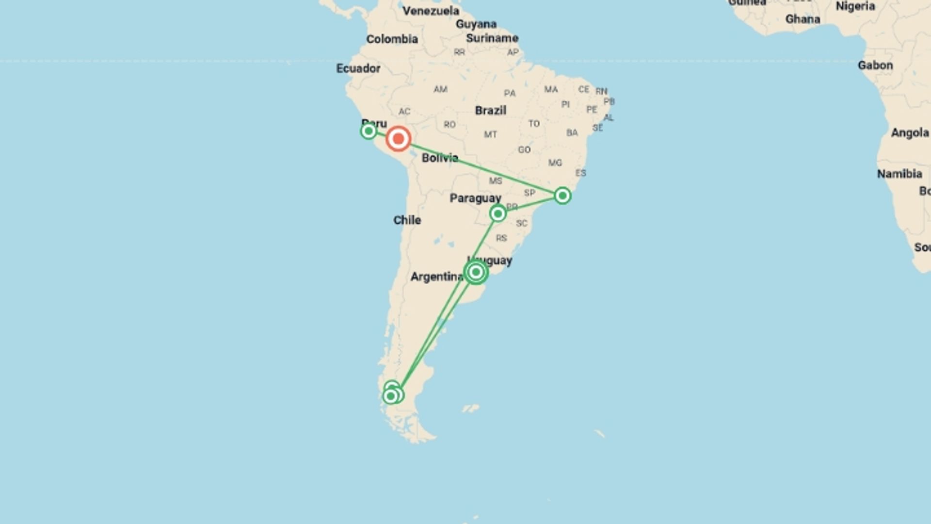 A map showing the tour itinerary for the trip: 19-Day South America Trip, starting in Buenos Aires, Argentina and ending in Cusco, Peru going through 5 other destinations.