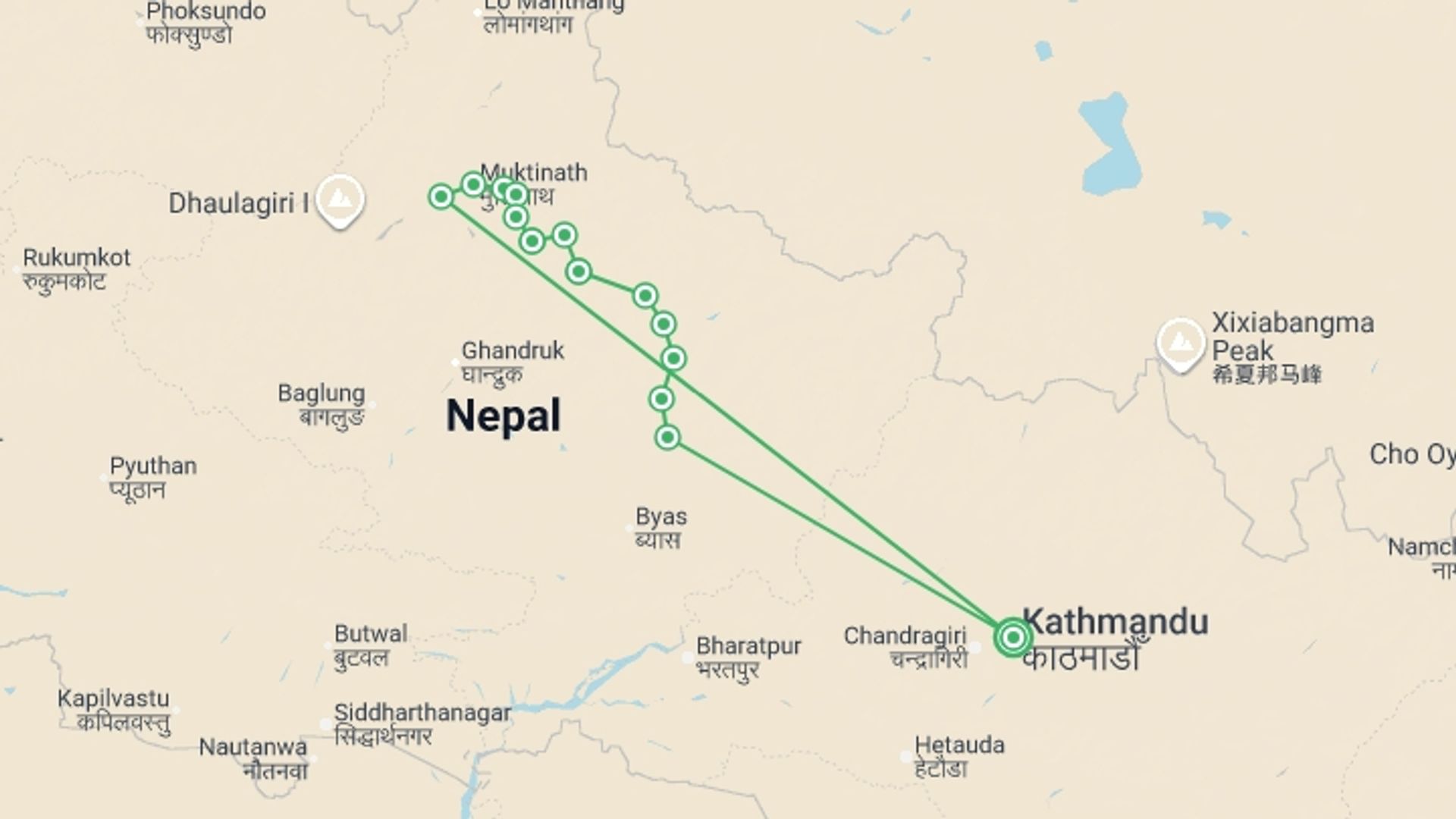 A map showing the tour itinerary for the trip: Annapurna Circuit via Kang La and Nar, starting in Kathmandu, Nepal and ending in Kathmandu, Nepal going through 12 other destinations.