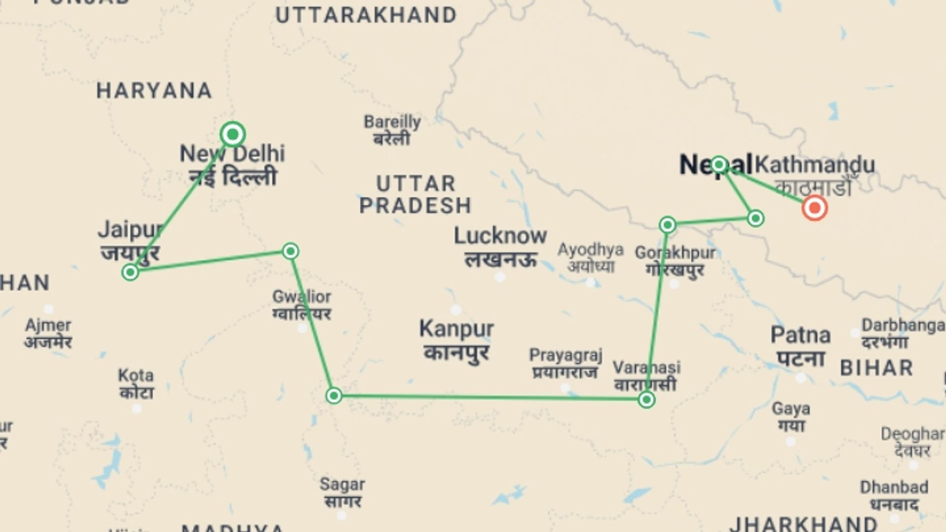 A map showing the tour itinerary for the trip: Delhi to Kathmandu Adventure, starting in New Delhi, India and ending in Kathmandu, Nepal going through 7 other destinations.