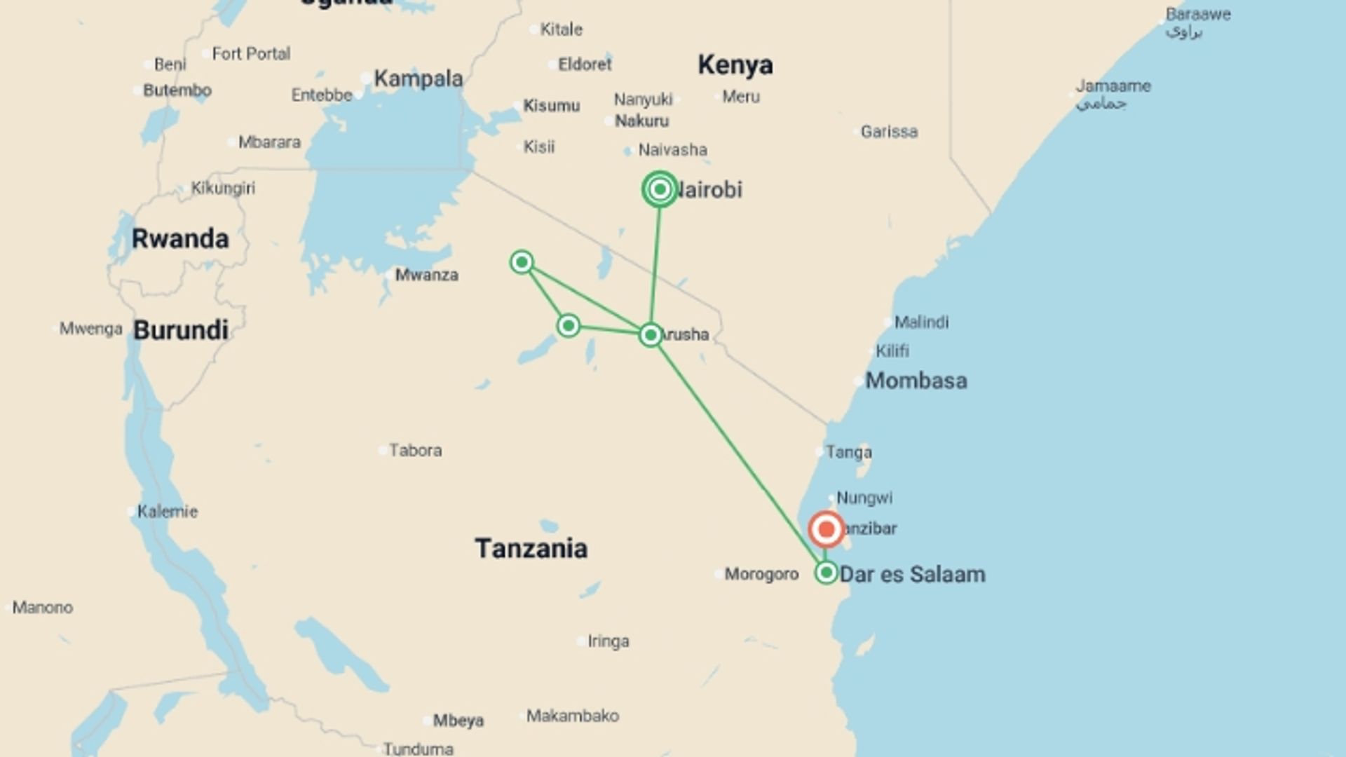 A map showing the tour itinerary for the trip: Kenya, Tanzania Overland Safari & Participation Camping, starting in Nairobi, Kenya and ending in Zanzibar, Tanzania going through 5 other destinations.