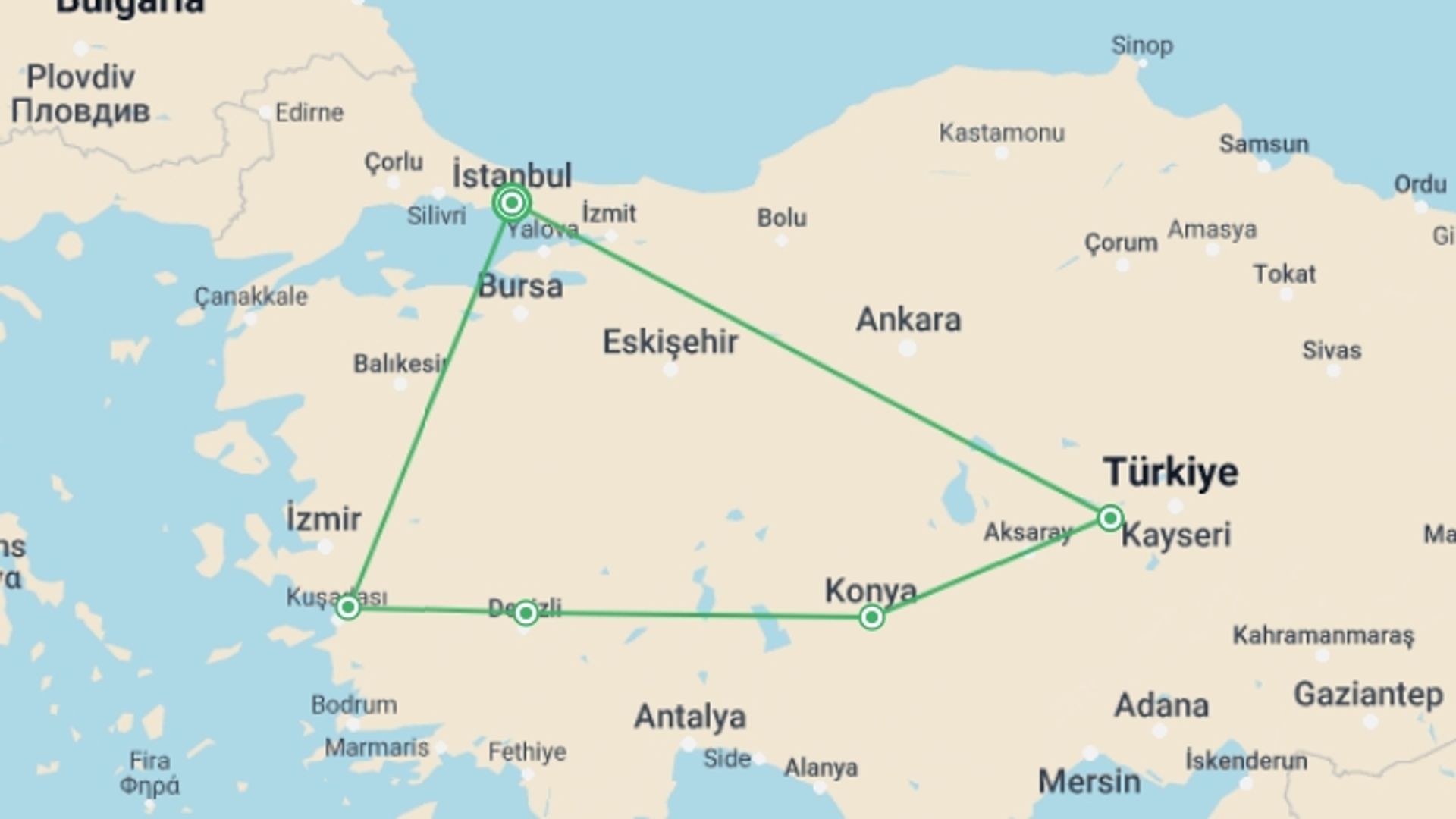 A map showing the tour itinerary for the trip: Ephesus, Pamukkale, Konya, Cappadocia & Istanbul: 8 Days, starting in Istanbul, Turkey and ending in Istanbul, Turkey going through 4 other destinations.