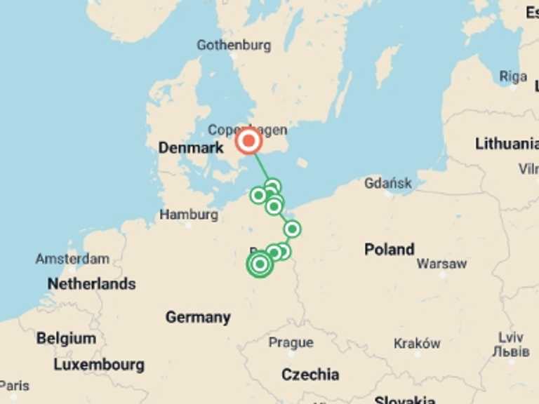 Map of Scandinavia City sightseeing Tour with 8 destination visits for the trip: From Berlin to Copenhagen The Havel, the Oder and the Baltic sea (port-to-port cruise)