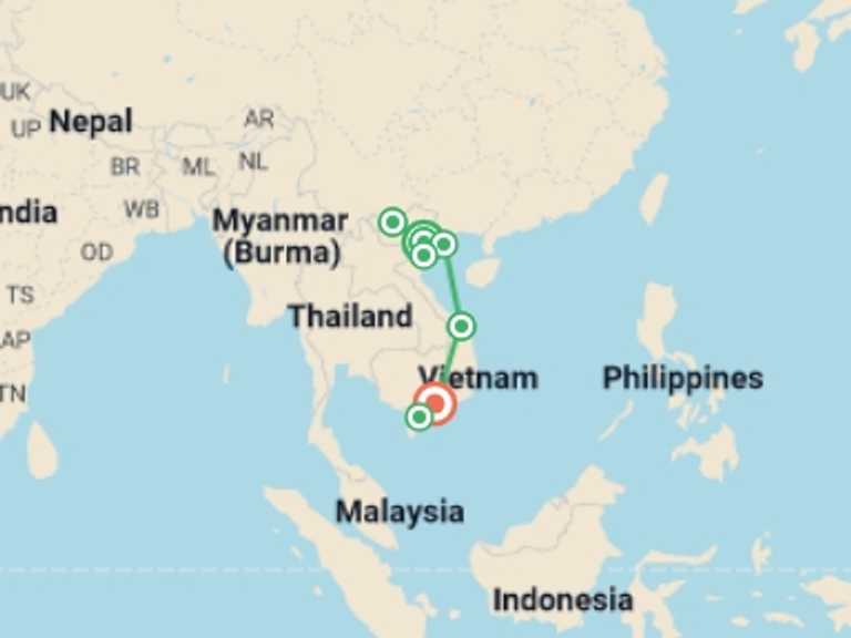 Map of Indochina Explorer Tour with 8 destination visits for the trip: Ultimate Vietnam Experience - 13 days