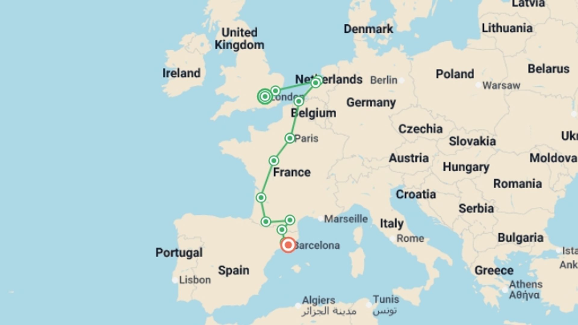 A map showing the tour itinerary for the trip: Remarkable Journey end Barcelona, starting in London, England and ending in Barcelona, Spain going through 6 other destinations.