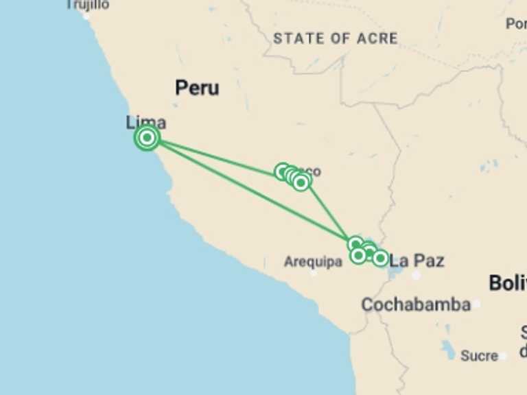 Map of Lima Local culture Tour with 10 destination visits for the trip: 11 Days: The Magic of the Andes