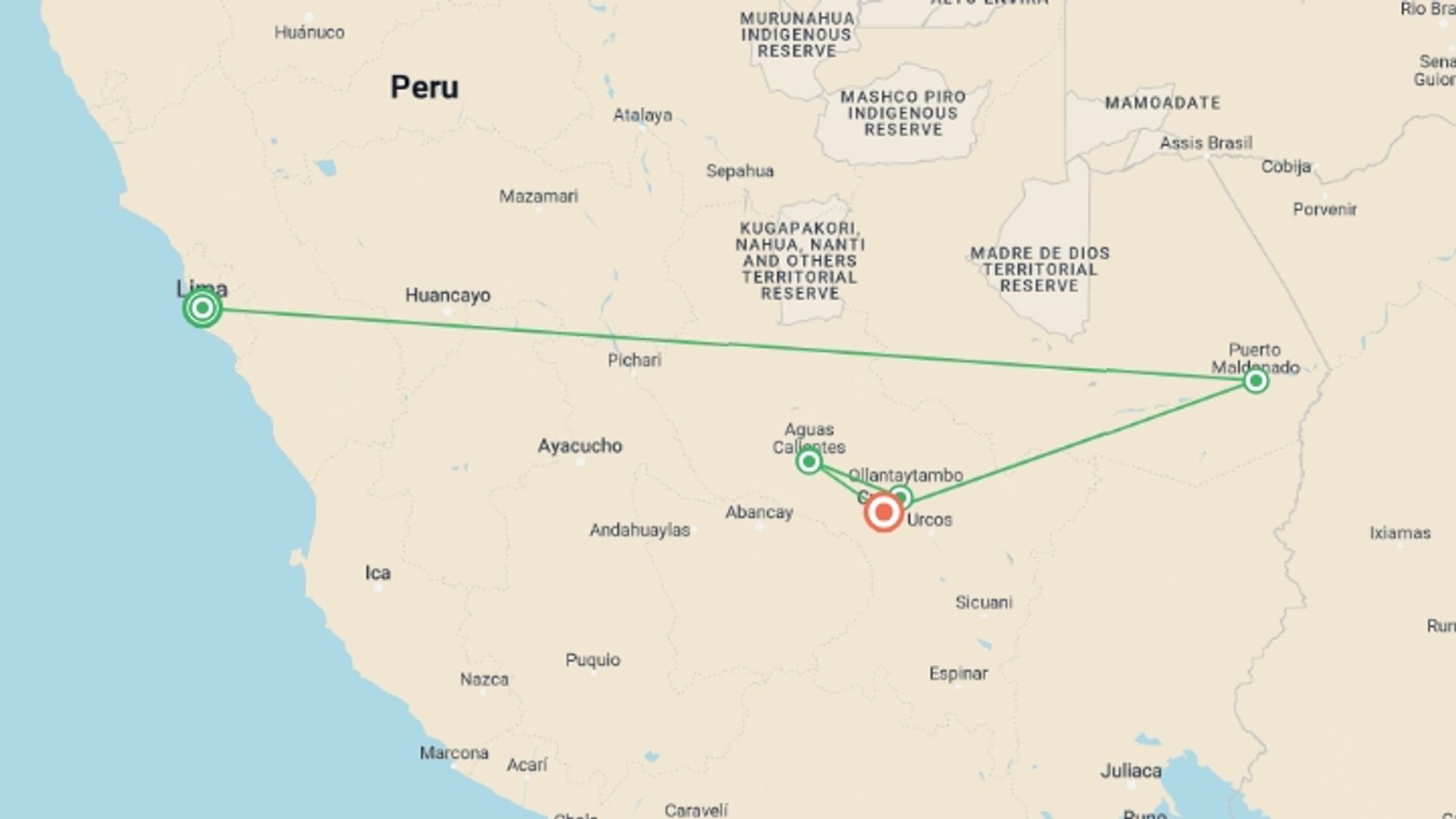 A map showing the tour itinerary for the trip: Peru Family Holiday, starting in Lima, Peru and ending in Cusco, Peru going through 4 other destinations.