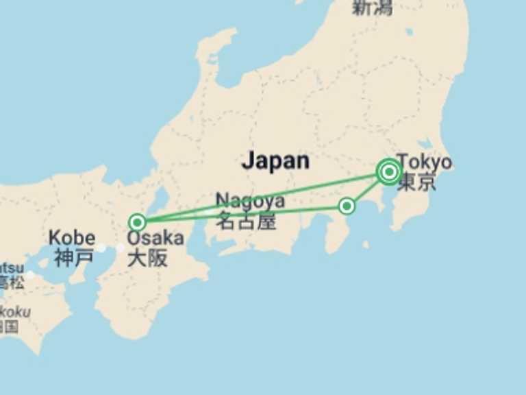 Map of Tokyo Cultural, religious and historic sites Tour with 3 destination visits for the trip: Quick Japan Explorer 5D/4N