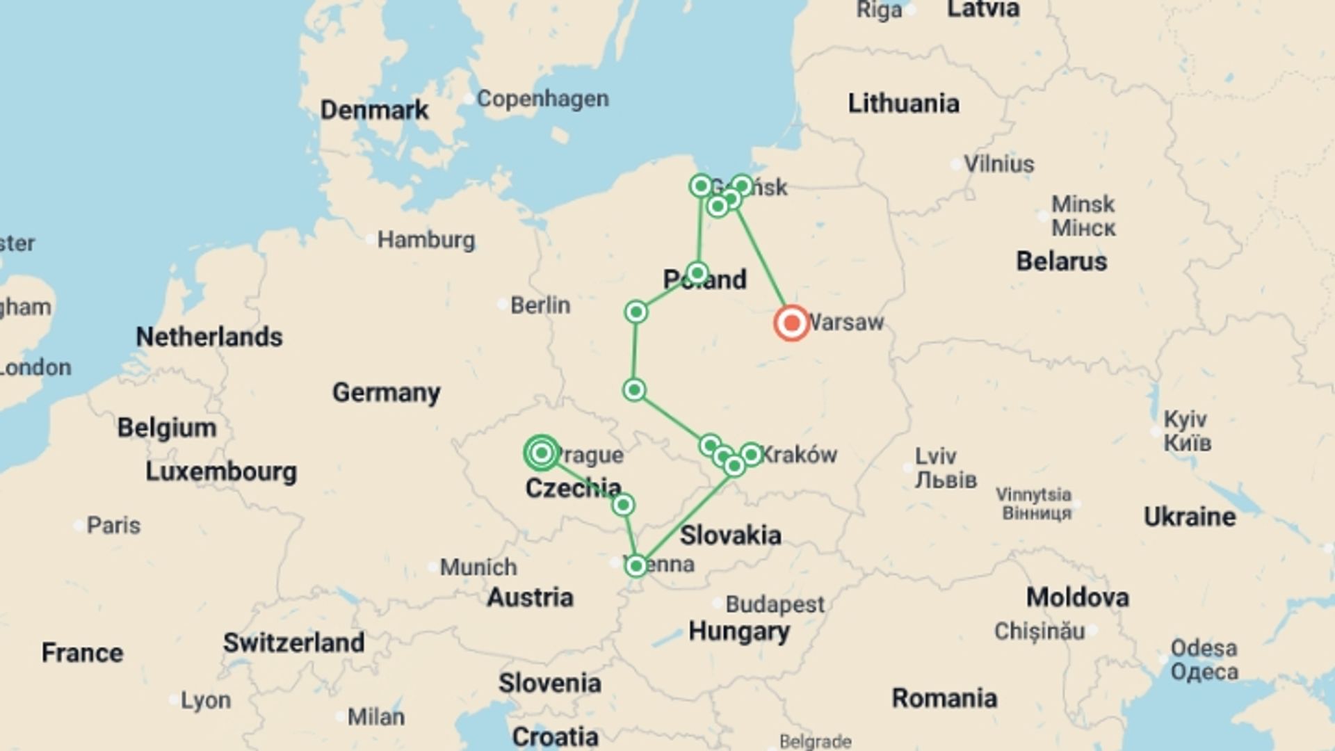 A map showing the tour itinerary for the trip: Full Czech Republic and Poland Highlights Circuit, starting in Prague, Czech Republic and ending in Warsaw, Poland going through 4 other destinations.