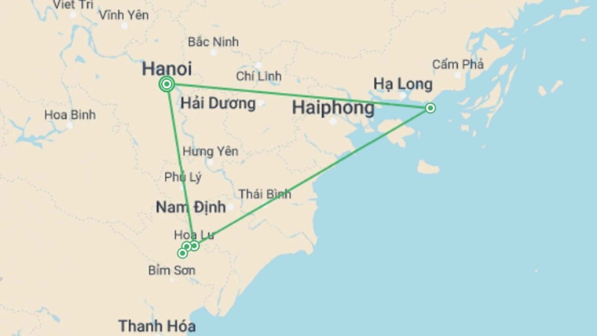 A map showing the tour itinerary for the trip: 6 Days Discover Northern Vietnam From Hanoi, starting in Hanoi, Vietnam and ending in Hanoi, Vietnam going through 2 other destinations.
