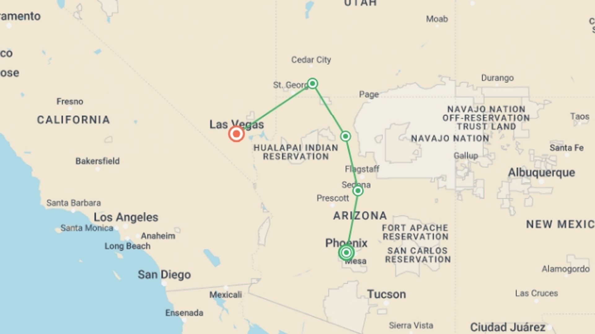 A map showing the tour itinerary for the trip: Southwest Family Journey: Sedona, Zion & the Grand Canyon, starting in Phoenix, USA and ending in Las Vegas, USA going through 3 other destinations.