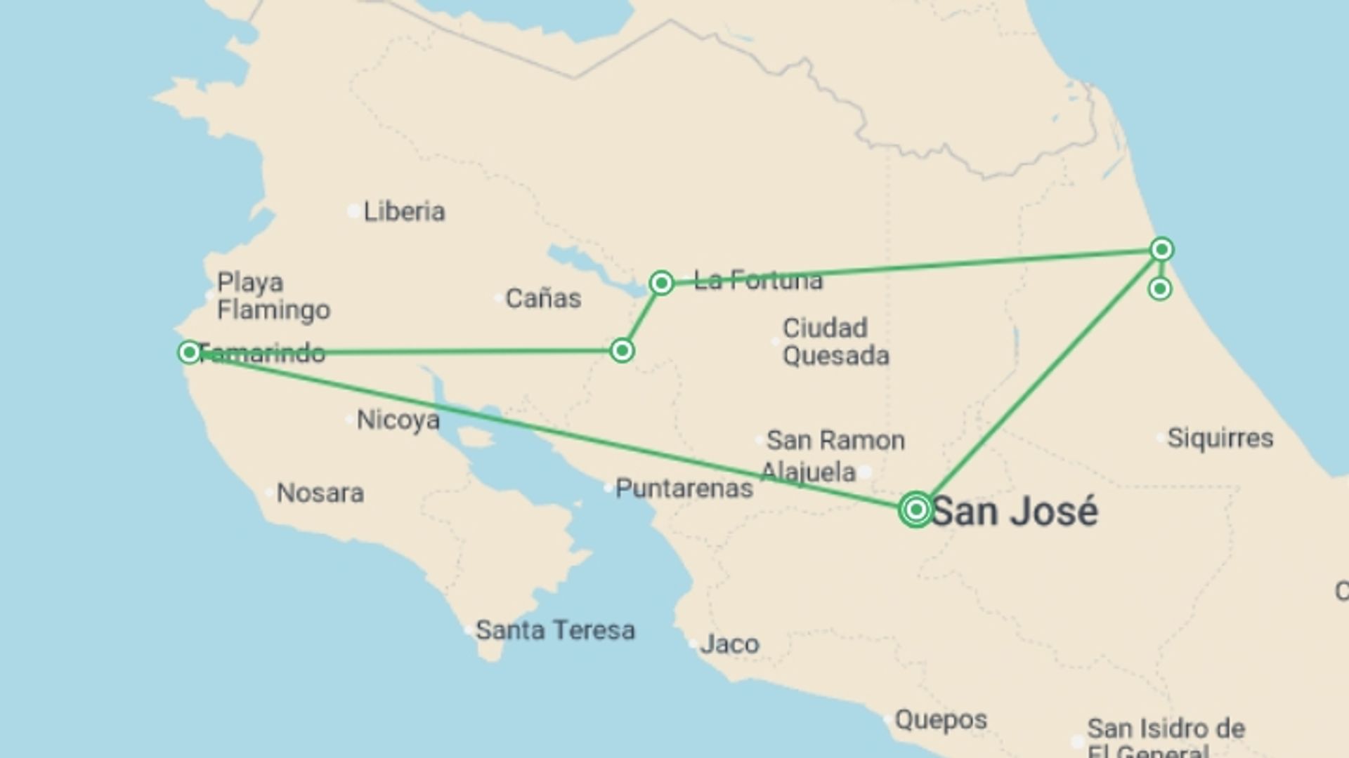 A map showing the tour itinerary for the trip: Essential Costa Rica - Package With Guanacaste, starting in San Jose, Costa Rica and ending in San Jose, Costa Rica going through 7 other destinations.