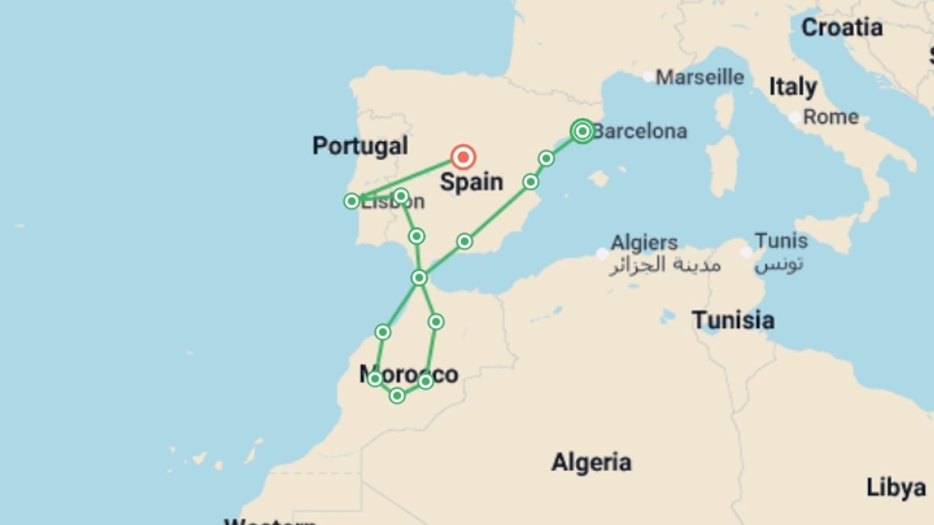 A map showing the tour itinerary for the trip: Spain, Morocco and Portugal (without Alhambra), starting in Barcelona, Spain and ending in Madrid, Spain going through 12 other destinations.