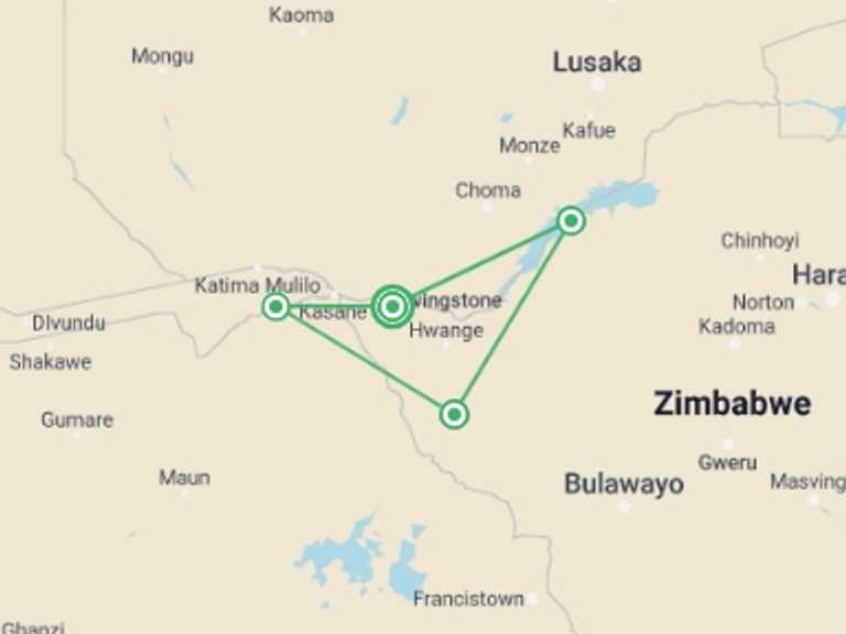 Map of Zimbabwe Explorer Tour with 4 destination visits for the trip: Zimbabwe & Botswana: Chobe, Hwange & Lake Kariba