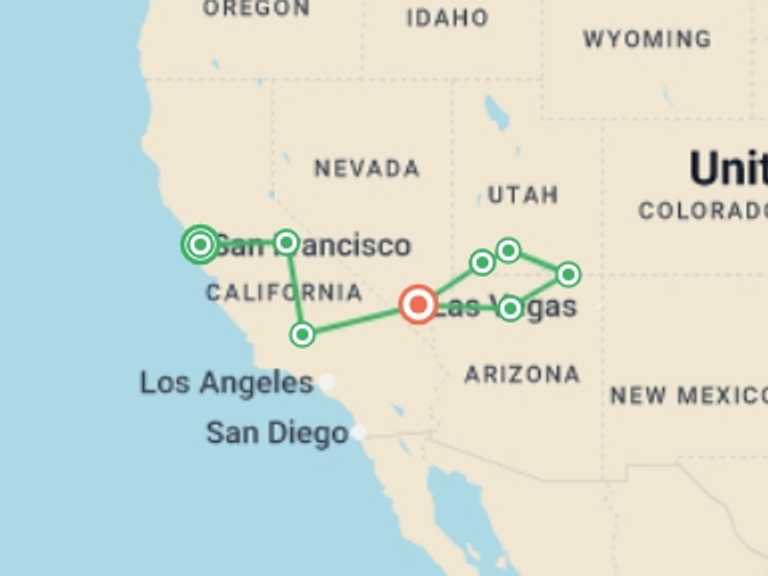 Map of Yosemite National Park Tour with 8 destination visits for the trip: Western USA National Parks Explorer