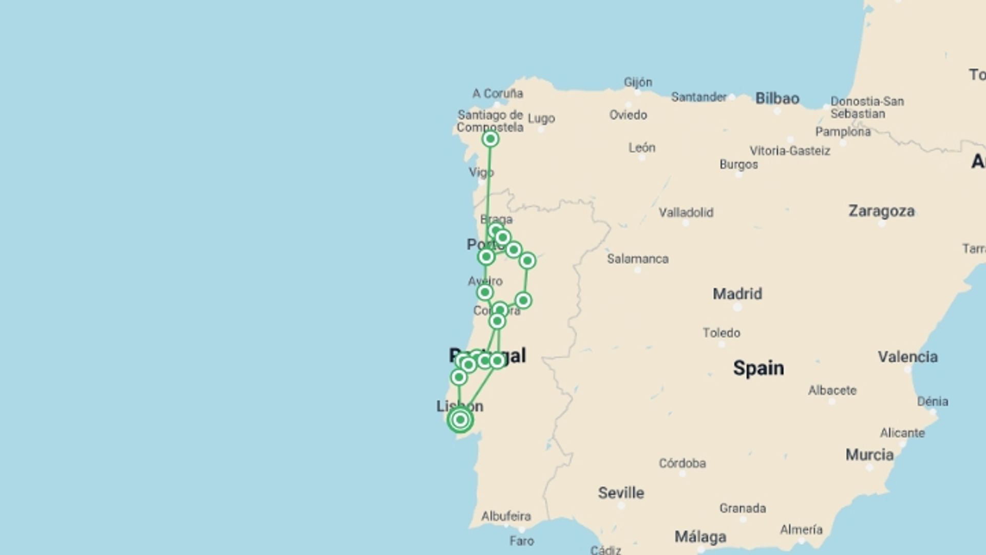 A map showing the tour itinerary for the trip: North Of Portugal, starting in Lisbon, Portugal and ending in Lisbon, Portugal going through 3 other destinations.