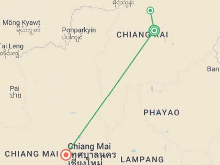 Map itinerary of Thailand Tour in July 2026 with 2 destination visits for the trip: North Thailand Highlights, Private Tour