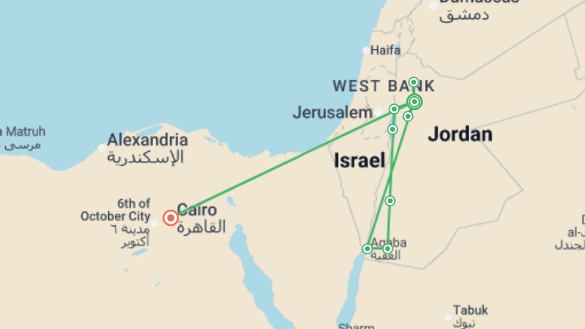 A map showing the tour itinerary for the trip: Unforgettable Jordan and Cairo, starting in Amman, Jordan and ending in Cairo, Egypt going through 4 other destinations.