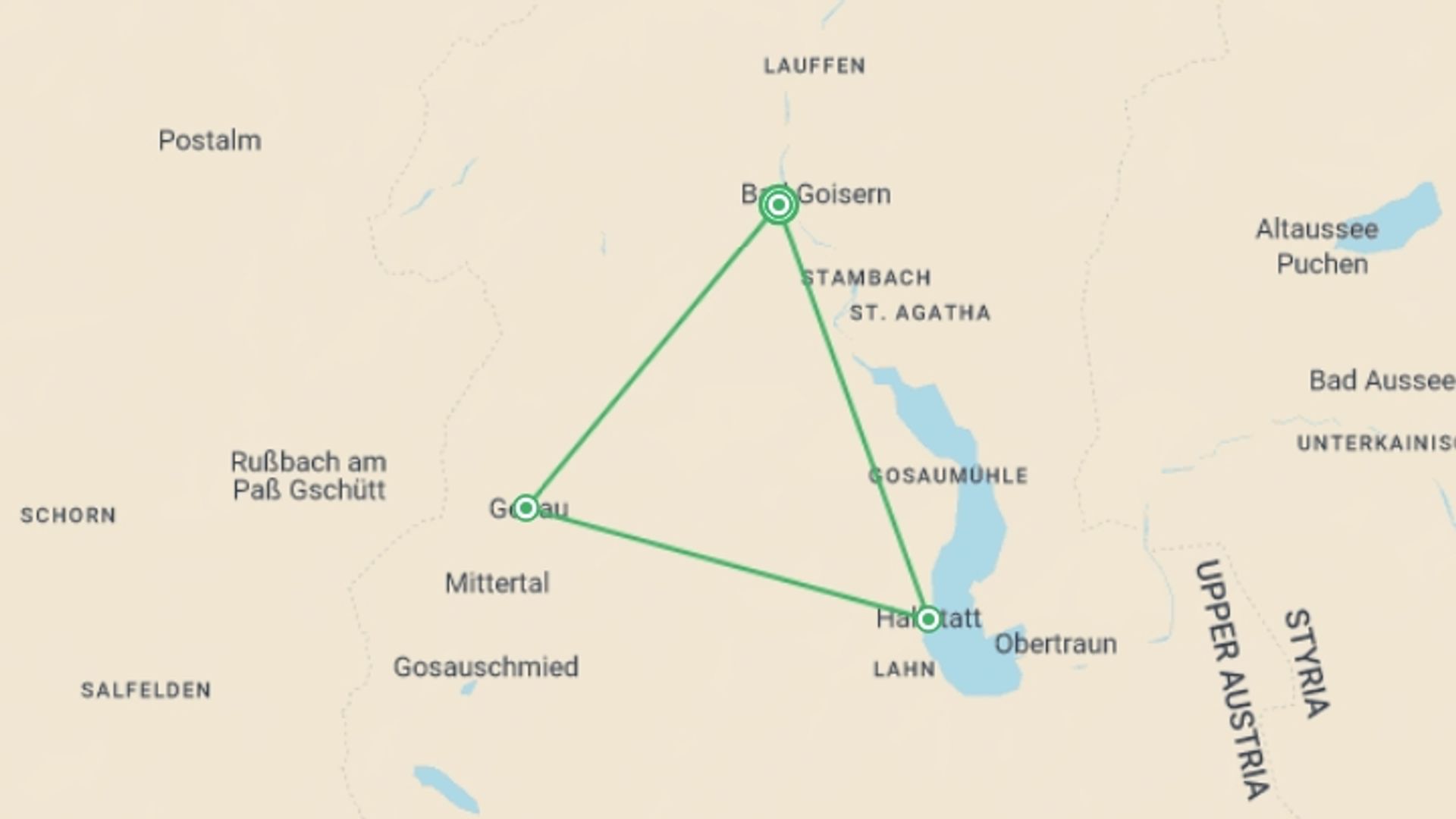 A map showing the tour itinerary for the trip: Hiking Austria's Lakes & Dachstein Alps, starting in Bad Goisern, Austria and ending in Bad Goisern, Austria going through 2 other destinations.