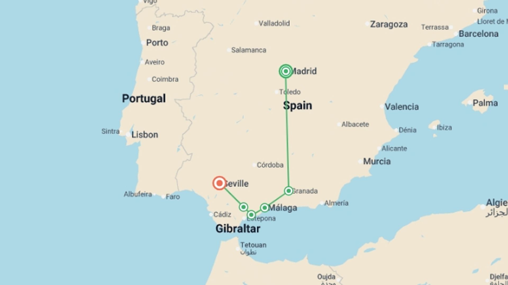 A map showing the tour itinerary for the trip: Madrid and Andalusia (without Alhambra), starting in Madrid, Spain and ending in Seville, Spain going through 1 other destinations.
