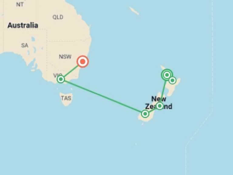 Map of Oceania Tour with 7 destination visits for the trip: Wonders of New Zealand and Australia