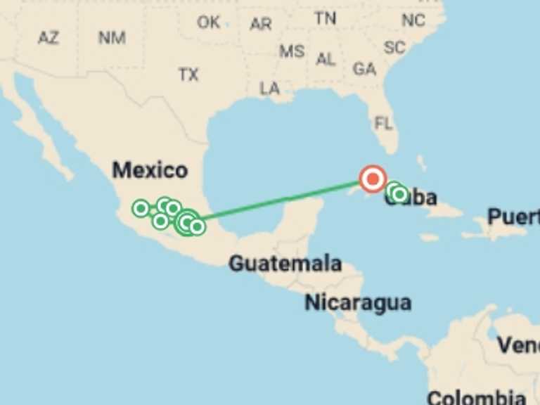 Map of 15-Day Mexico City Tour with 8 destination visits for the trip: Mexico and Cuba
