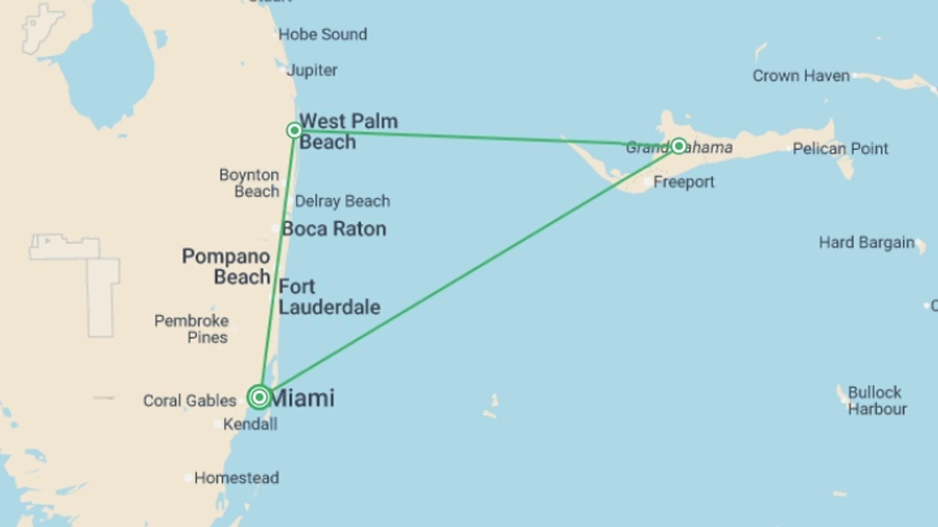 A map showing the tour itinerary for the trip: Bahamas Cruise 3D/2N (From Miami), starting in Miami, USA and ending in Miami, USA going through 2 other destinations.