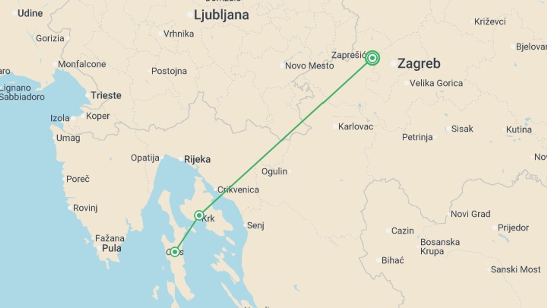 A map showing the tour itinerary for the trip: Walking North Croatia's Islands & Lakes, starting in Zagreb, Croatia and ending in Zagreb, Croatia going through 2 other destinations.