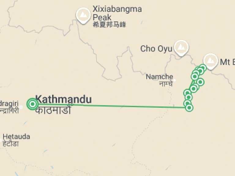 Map itinerary of Nepal Tour in March 2026 with 11 destination visits for the trip: Everest Base Camp over 55's in Comfort