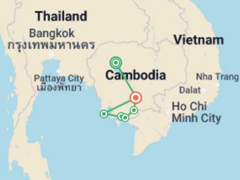 Map of a Cultural, religious and historic sites Tour with 6 destination visits for the trip: Angkor to the Beach Premiere Bike Tour