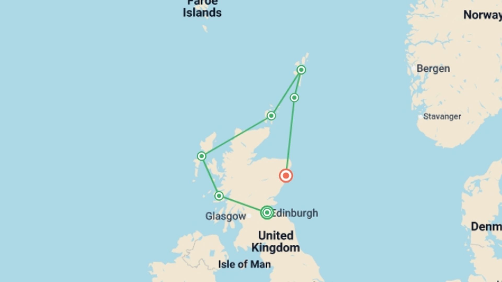 A map showing the tour itinerary for the trip: Wild Scotland - Douglas Mawson, starting in Edinburgh, Scotland and ending in Aberdeen, Scotland going through 5 other destinations.