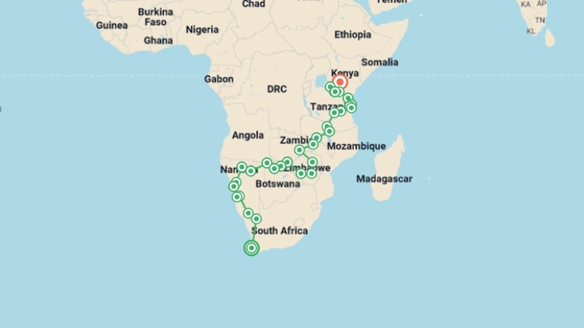 A map showing the tour itinerary for the trip: Cape Town to Kenya, starting in Cape Town, South Africa and ending in Nairobi, Kenya going through 31 other destinations.