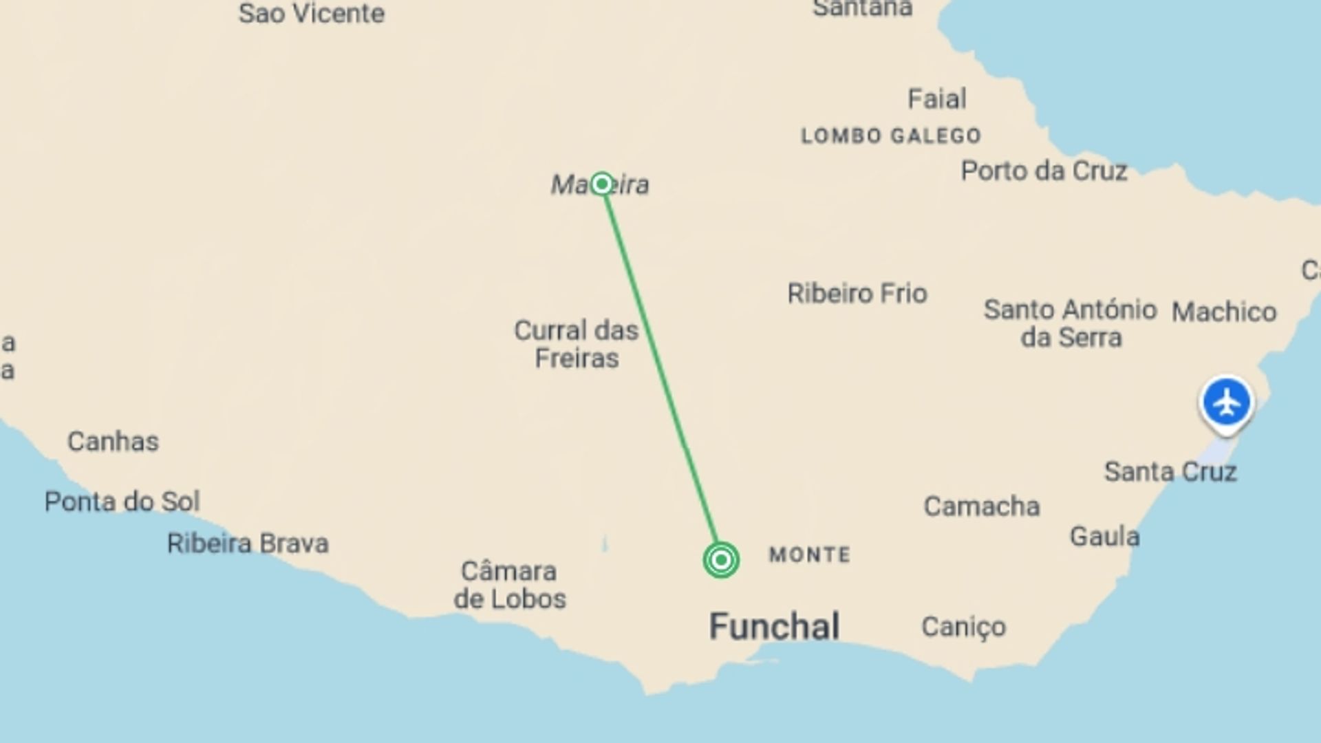 A map showing the tour itinerary for the trip: Madeira Island Escape - Small Group, starting in Funchal, Portugal and ending in Funchal, Portugal going through 2 other destinations.