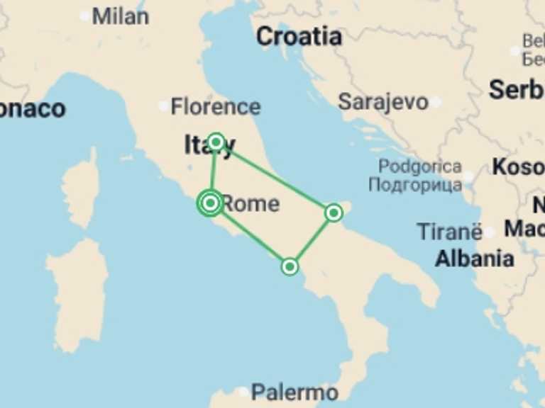 Map itinerary of Mediterranean Tour in October 2026 with 4 destination visits for the trip: Shrines of Italy