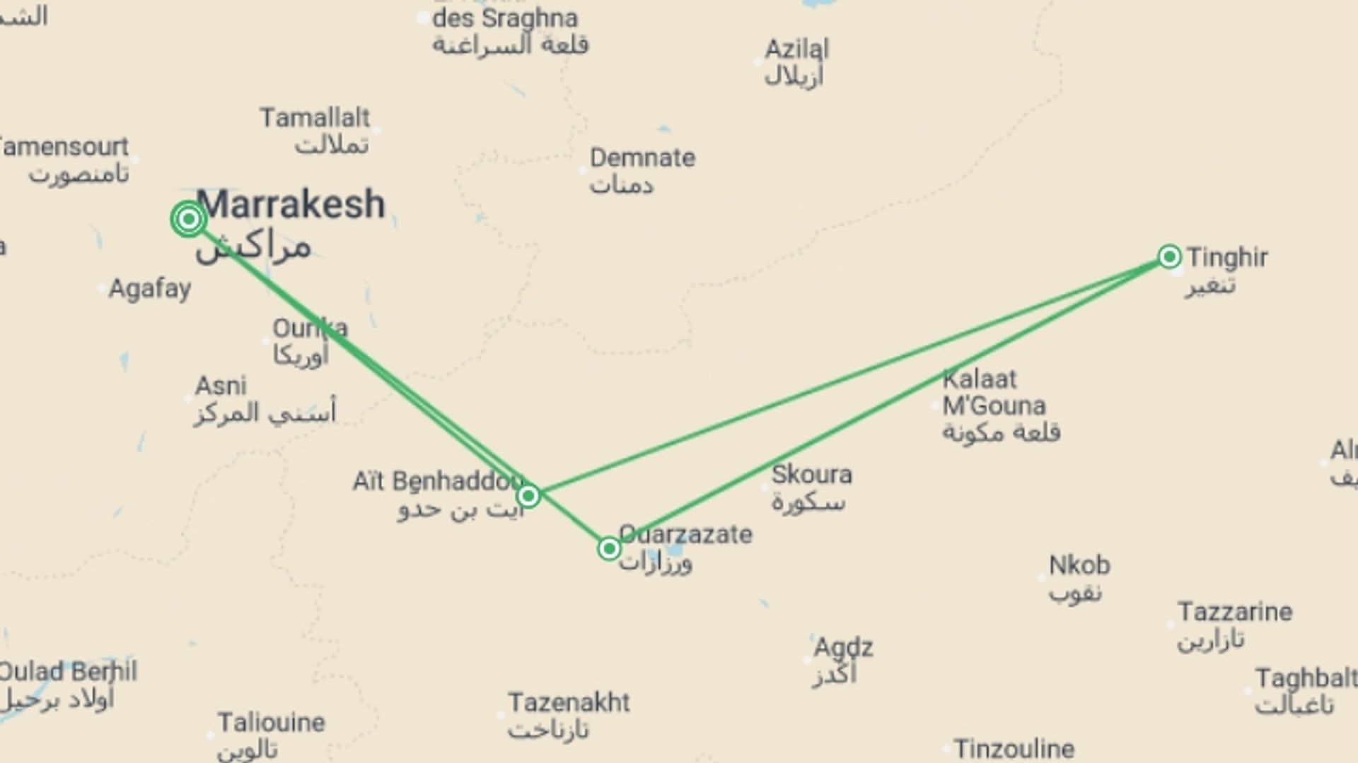 A map showing the tour itinerary for the trip: MARRAKECH to MARRAKECH (9 days) Souks & Sand Dunes, starting in Marrakech, Morocco and ending in Marrakech, Morocco going through 3 other destinations.