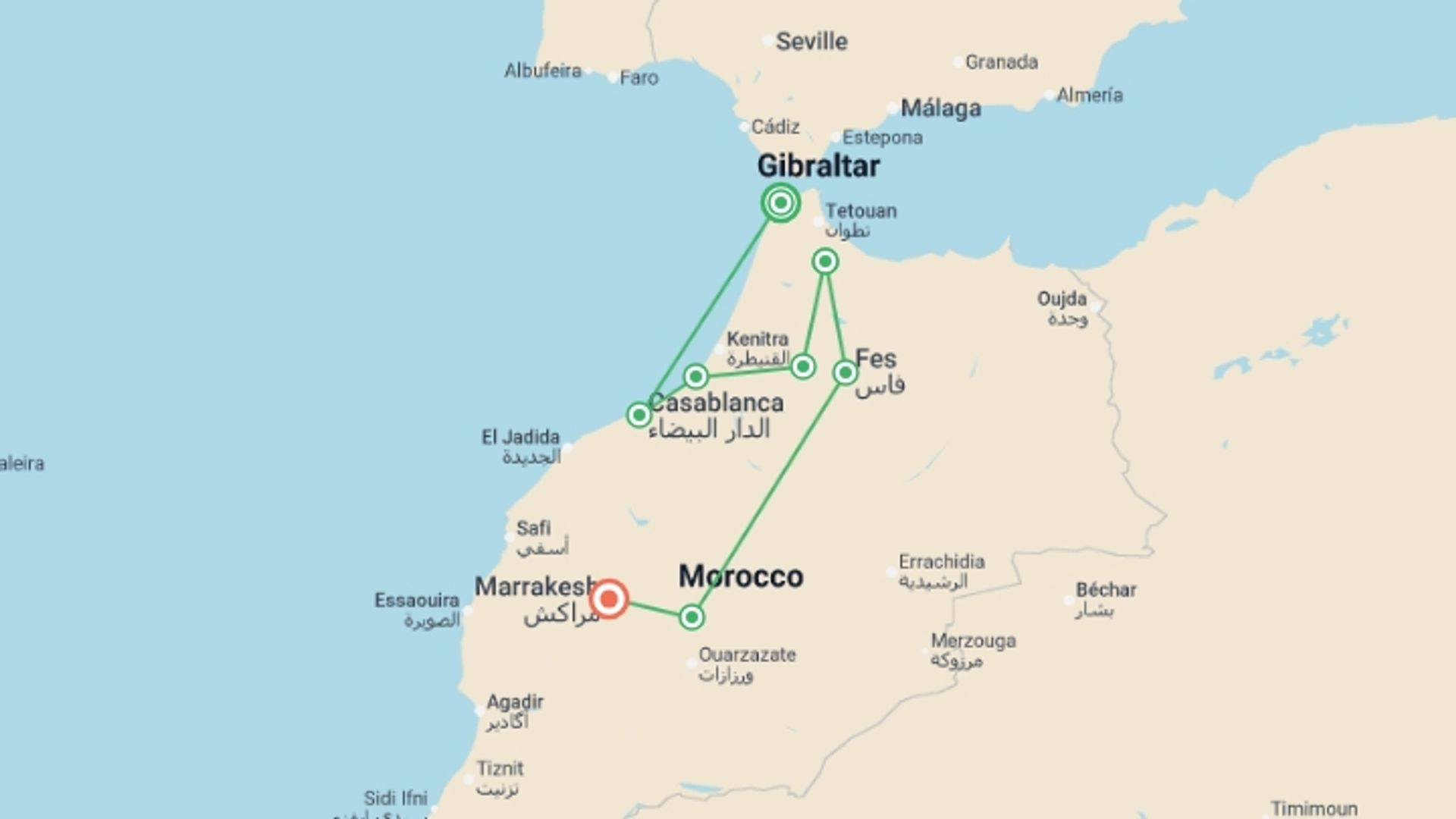 A map showing the tour itinerary for the trip: Imperial Morocco & the Blue City from Tangier - 9 days, starting in Tangier, Morocco and ending in Marrakech, Morocco going through 5 other destinations.