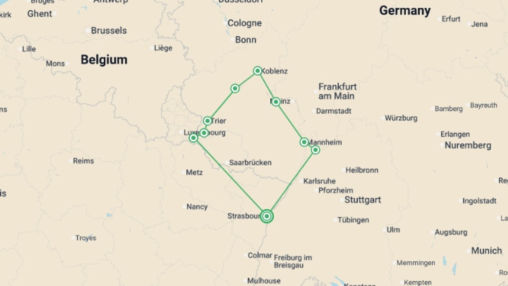 A map showing the tour itinerary for the trip: 4 Rivers: The Moselle, Sarre, Romantic Rhine, and Neckar Valleys, starting in Strasbourg, France and ending in Strasbourg, France going through 5 other destinations.