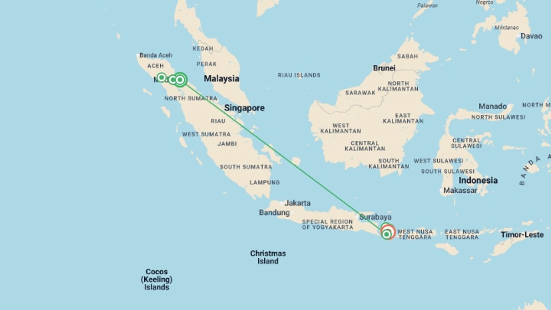 A map showing the tour itinerary for the trip: Sumatra to Bali: Wildlife, Waves & Wilderness, starting in Medan, Indonesia and ending in Ubud, Indonesia going through 5 other destinations.