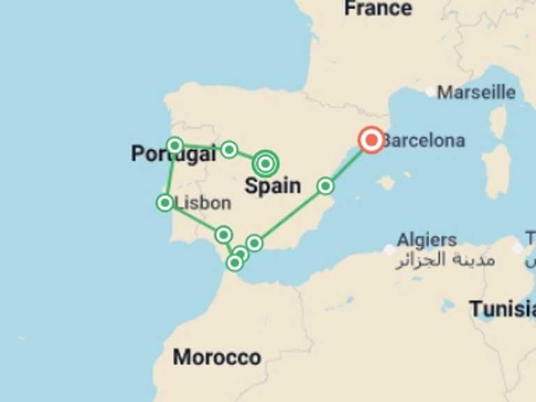 Map itinerary of Europe Tour in June 2026 with 10 destination visits for the trip: Best of Spain and Portugal